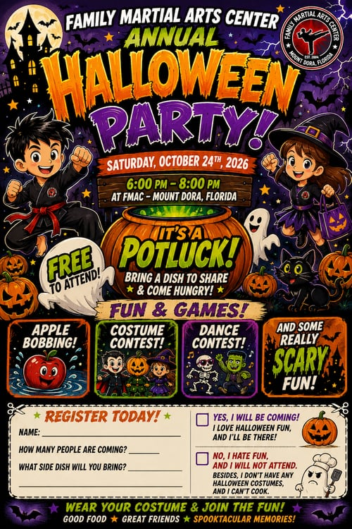 Family Martial Arts Center Annual Halloween Party, Mount Dora, Florida &mdash; Saturday October 24th 2026, 6pm to 8pm. Free to attend, potluck, costume contest, dance contest and apple bobbing.